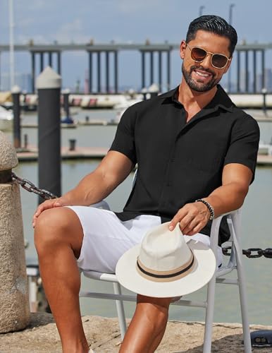 Image of COOFANDY Men's Linen Shirts Short Sleeve Button Down Shirt Casual Summer Beach Shirts with Pocket
