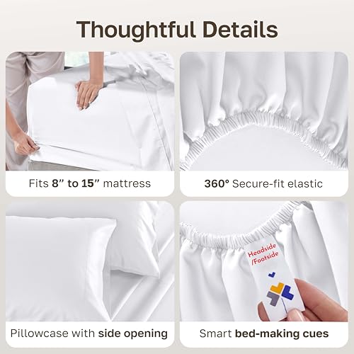 Image of California Design Den Twin Size Sheet Set - 100% Cotton, 500 Thread Count Sateen, Deep Pocket Bed Sheets with Fitted Elastic Sheet, Soft Luxury - White