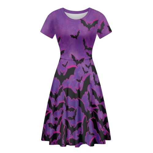 Image of Forchrinse Womens Halloween Bats Dress Causal Elegant Party Midi Dresses Plus Size Short Sleeve A Line Flared Swing Dress Skater Summer Sundress,S-4XL