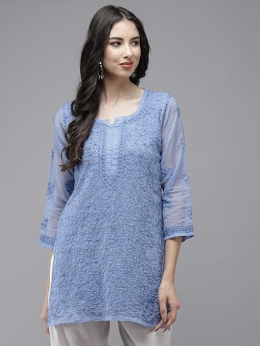 Image of Ada Women's Cotton Blend Regular Fit Tunic Hand Embroidered Lucknowi Chikankari Kota Western Top Kurti With Slip A911184