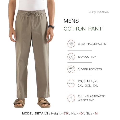 Image of SAADAA Men's 100% Cotton Pants | Mid-Rise Straight Fit Casual Trousers with Elastic Waistband and 3 Pockets | Everyday Wear