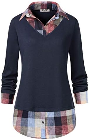 DJT Women's Contrast Plaid Collar 2 in 1 Blouse Tunic Tops