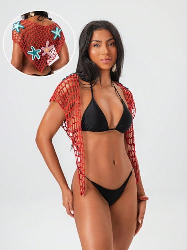 Image of ZAFUL Sarong Coverups for Women Beach Vacation Fishnet See Thru Tie Side Bathing Suit Cover Up Mini Skirt