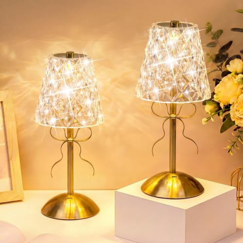 Image of Liliful 2 Pcs Cordless Table Lamp Rechargeable Touch LED Small Gold Portable Battery Operated USB-c Desk Lamp 3 Color Dimmable for Bedroom Living Room Dining (Gold,Diamond Style Bow)