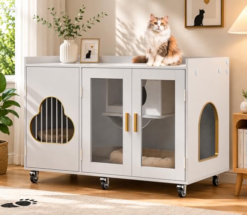 Image of White Large Hidden Cat Litter Box Enclosure, Modern Cat Litter Box Furniture with Glass Doors, Partitioned Cat House End Table for Indoor Cats, Fits Most Standard Litter Boxes