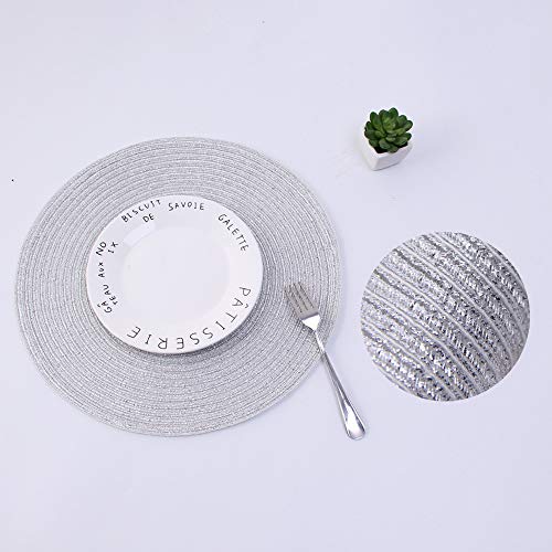 Image of SHACOS Silver Glitter Round Placemats Set of 6 Sparkle Bling Place Mats Glitz Table Mats for Holiday Home Party Wedding Festive Table Decoration (6, Silver)