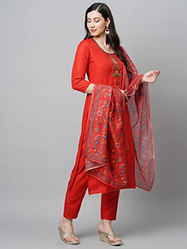 Image of GoSriKi Women's Cotton Blend Straight Printed Kurta with Pant & Dupatta (Authentic-GS)