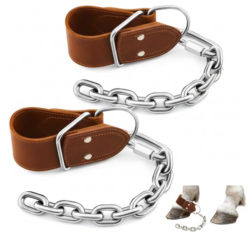Yeyeplum 2 Pack Horse Hobbles Kicking Chain Leather Single Leg Hobble Heavy Duty Anti Kick Design Stainless Steel Chain for Secure Horse Training & Grazing for Stallions Geldings Mares