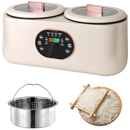 FHRKA Double Slow Cooker, 1.8L+1.8l Rice Cooker with Double Pots, Timer and Keep Warm Function, for Cooking Porridge and Heating Rice