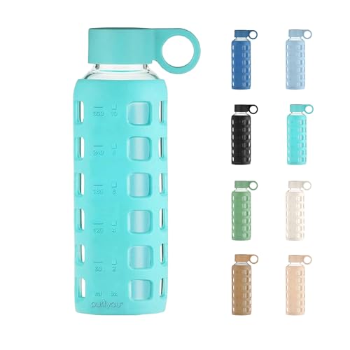 purifyou 40oz / 32oz / 22oz / 12oz Borosilicate Glass Water Bottle with Time & Volume Markers, Silicone Sleeve, Stainless Steel Lid | Reusable Glass Bottle for Water & Juice (12oz Aqua Blue)