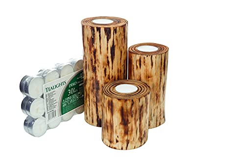 Teelichthalter Holz mit 30 Stück Tealights - Kerzenhalter aus Kiefernholz - Baumstamm Tischdeko Outdoor Indoor - Dekoration Wohnung Modern Baumstumpf Cover