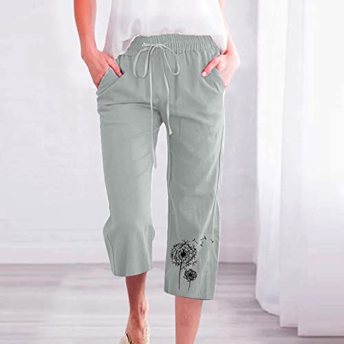 Ceboyel Women Linen Summer Pants Dandelion Pattern Capri Pants Drawstring Cropped Pants High Waist Beach Trouser 20232