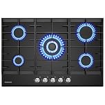 GASLAND GH2805BG1FC Glass Gas Cooktop - 5-Burner Gas Hob With Wok Burner, 76 cm Black Glass Stove, 10,400 Watts, NG/LPG Convertible