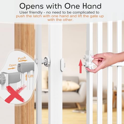 Senneny 63” Extra Tall Cat Gate Auto Close & One-Hand Open, No Drilling Pressure Mounted Kits and Wall Mounted Kits, Metal Pet Gate Fits Openings 29.5” to 33.4” Wide, White
