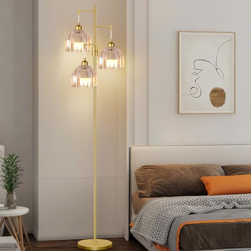 Image of ZECOXOL Gold Floor Lamps for Living Room 3 Lights Floor Lamp with Glass Lampshape & Three Led Bulb,Mid Century Standing Lamp