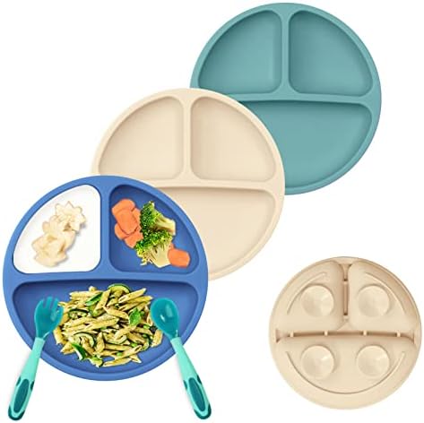 Wee me 3 Pack Safe Silicone Baby Suction Plates - Toddler Divided Plate Set with Spoon Fork, Dishwasher and Microwave Safe (Sage, Beige & Dark Blue)