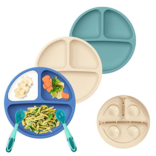 Wee me 3 Pack Safe Silicone Baby Suction Plates - Toddler Divided Plate Set with Spoon Fork, Dishwasher and Microwave Safe (Sage, Beige & Dark Blue)