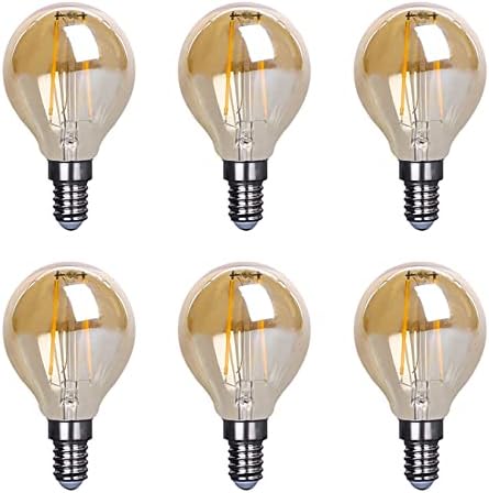 E14 2W Dimmable G45 LED Globe Filament Bulb Edison Filament Light Bulbs 20 Watt Equivalent Warm White 2700K E14 European Base Amber Glass Round Decorative Vintage Light Bulb, 6 Pack