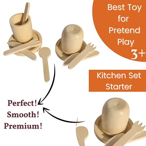 Image of Gift Equals Love Handmade Wooden Toy Kitchen Set Starter Kit Natural Finished for Little Boys and Girls with a Canvas Bag (Large)