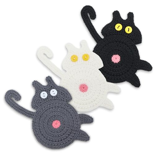 Cat Coasters, 3PCS Cat Gift for Cat Lovers, Gift for Her, Funny Gifts, Coasters for Drinks (White, Black, Grey)