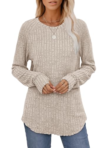 Image of Saloogoe Women's Long Sleeve Top Crewneck Basic Lightweight Fall Shirt with Thumb Hole