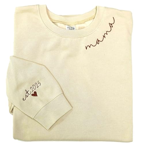 LullabyMall Personalized Embroidered Mama EST Sweatshirt For Women, Mama Custom Neck Arm Gifts for Mother\'s Day ChirstmasEst 2025 Sand Medium