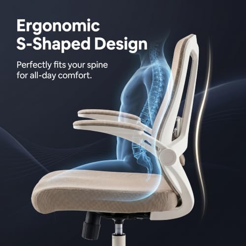 Image of Comfy Office Chair, Adjustable Lumbar Support Desk Chair, Khaki | Ergonomic Office Chair with Flip-up Armrests, 400LBS Capacity Breathable Mesh Computer Chair for Home Offices, Study, Gaming