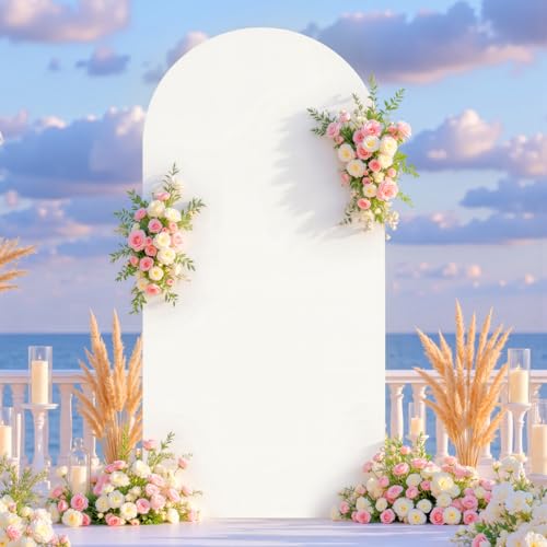 Image of Cream White Arch Cover 6.6FT Spandex Fitted Wedding Arch Stand Covers Round Top Chiara Arch Covers Stretchy Backdrop Cover for Birthday Party Ceremony Banquet Decoration
