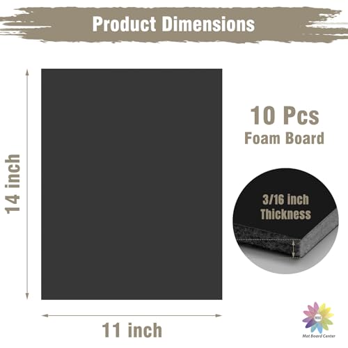 Mat Board Center, Pack of 10 Acid-Free Foam Boards, 11x14 inch Black Foam Boards, 3/16" Thick