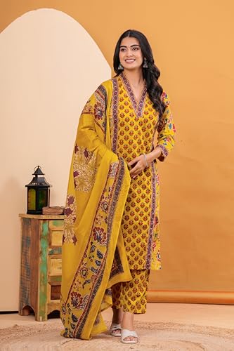 Image of MEERA FAB Women's Cotton Blend Straight Printed Kurta with Palazzo & Dupatta