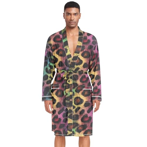 Men’s Robe Neon Leopard Pattern Print, Long Sleeve Lightweight Bathrobe with Belt Pockets M