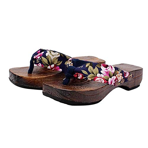 TOTOD Women Sandals Clog Japanese Style Wooden Slippers Flip Flops Summer Platform Shoes Blue