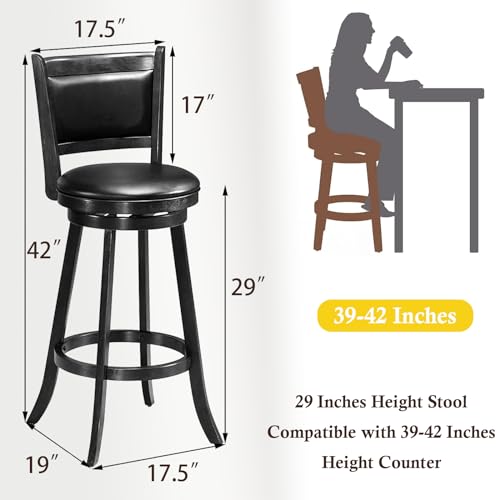 ERGOMASTER Bar Stools Set of 4, 29” Bar Height Stools for Kitchen Island, Rubber Wood, Swivel Barstools with Backs for Pub, Restaurant, Black