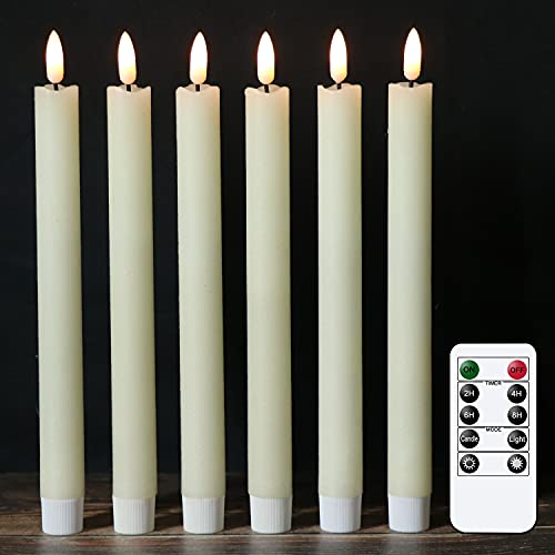 Image of Eldnacele Taper Flameless Flickering Candles with Remote and Timer, Battery Operated 3D Wick Real Wax Window LED Candles Set of 6 for Dinner Wedding Party Indoor Holiday Decor(D0.78 inchxH9.64 inch)