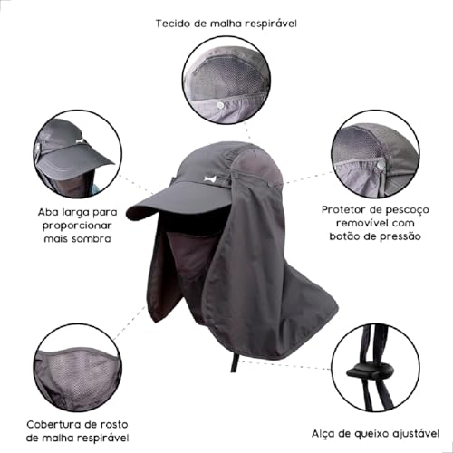 Chapéu Boné Pesca Caça Caminhada Camping Trilha Proteção Solar Pescoço Nuca Rosto Mosquiteiro (Cinza