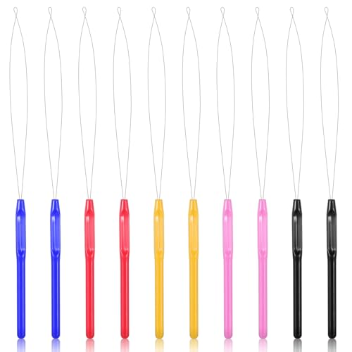 AOZUO 10 Stück Häkelnadel Set, Einfädler Bartperlen Haarverlängerung Schwarzer Schlaufen Einfädler für Haar und Federverlängerungen Einfädler Zug Haken Werkzeug（Schwarz Gelb Blau Rot Rosa）