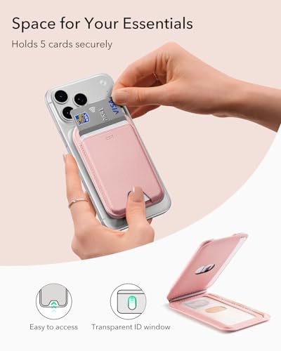 Image of ESR Upgraded Aura for MagSafe Wallet, 5 Card Holder with Adjustable Stand, Magnetic Wallet for iPhone 17e /17 /16 /15 /14 /13 /12 Series, Not for iPhone 13 /12 Mini, Vegan Leather, Pink