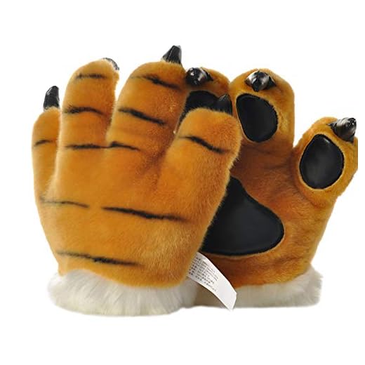 LANFIRE Guantes de mano de garra de pata animal Fluffy Artifical Guantes de pata de tigre Garra de leopardo dinosaurio garra oso garra Guantes Disfraz de fiesta para niños y adultos. (Yellow(tiger))