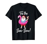 Santa Claus Flamingo Float Tis the Sea-Sun Christmas in July T-Shirt