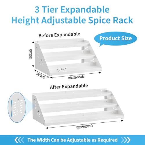 Spice Rack, 3-Tier Extendable Spice Holder, Spice Organization for Cabinet Expandable Width, Spice rack organiser Seasoning Organizer for Cabinet, Countertop, Pantry, White - Image 3