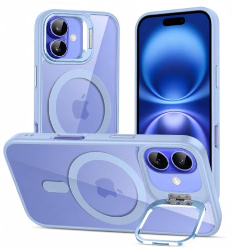 Image of Elzzi Kickstand Case for iPhone 16 Case Compatible with MagSafe, Built-in Adjustable Camera Guard Stand, Translucent Matte Anti-Fingerprint Heavy Duty Shockproof Phone Cover - Official Blue