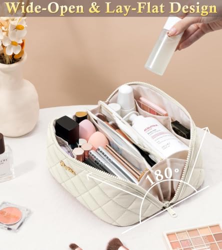 Image of Travel Makeup Bag, Large Capacity Puffy Toiletry & Cosmetic Bag for Women | 3 PCS Open Flat Quilted Makeup Cosmetic Organizer, Waterproof w /Clear Divider Portable Pouch for Skincare Travel Essentials