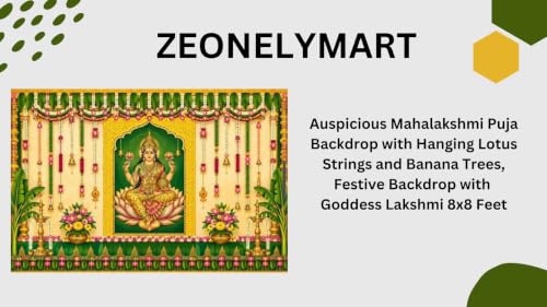 Image of Lakshmi Devi Backdrop Cloth for Decoration | Mahalakshmi Puja Backdrop with Hanging Lotus Strings and Banana Trees, Festive Backdrop with Goddess Lakshmi 8x8 Feet | varalakshmi Pooja Backdrop