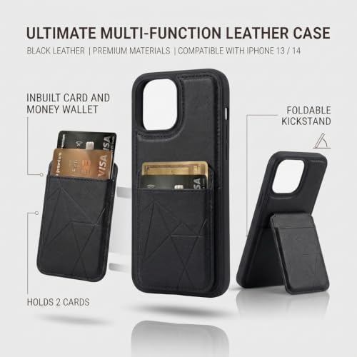 Image of amazon basics Premium Vegan Leather Back Cover with Card Holder and Integrated Mobile Stand for iPhone 13 - Slim Shockproof Wallet Case with Geometric Stitching [Black]