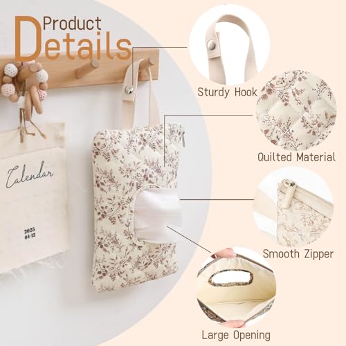 Quilted Baby Wipe Holder Floral Diaper Pouch Portable Quilted Wipes Bag for Car, Stroller (Beige Pattern)