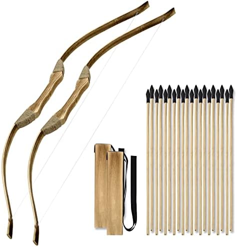 Wooden Bow and Arrow Set, Handmade 32 Inch Kids Bow and Arrow, Toy Bow and Arrow for Kids 4-6 8-12, 2 Bows 2 Quivers and 20 Wood Arrows, Gifts for Kids Youth Boys and Girls