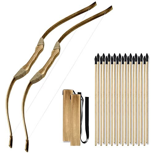 2 Pack Kids Bow and Arrow Set 32 Inch Archery Set Handmade Wooden Toy Bow and Arrow for Kids 4-6 8-12 Cosplay Game Costume Prop Play 2 Bows 2 Quivers and 20 Wood Arrows Gifts for Youth Boys Girls