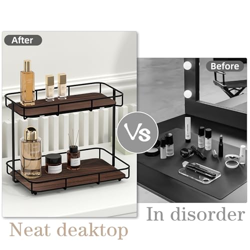 Bathroom Organizer Countertop Perfume Organizer Makeup Organizer Cosmetics Storage Display Rack Vanity Tray Dresser Stainless Steel Gold Shelf White Marble Ceramic Tray (2 Tier L-Black Wood)