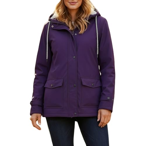 chiguomaoyi Mujeres Chaquetas impermeables al aire libre Softshell Chaqueta con capucha Windbreak Impermeable para el otoño invierno (Morado,L)