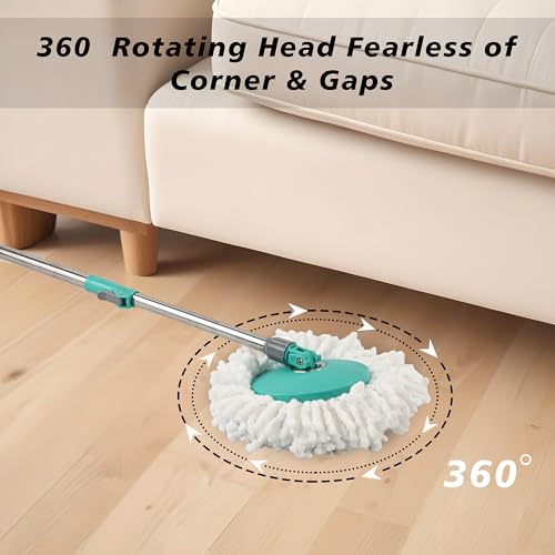 Image of Urbane Home Plastic Spin Mop with Stainless Steel Wringer | Big Bucket Moppers for Cleaning Floor, 2 Refills | 360 Floor Cleaner Mopping Set for Home & Office | Pocha Stick - (Mint Green)